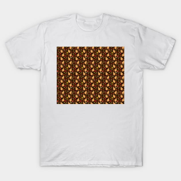 Dark Brown Autumn Leaves and Mushrooms Pattern T-Shirt by saradaboru